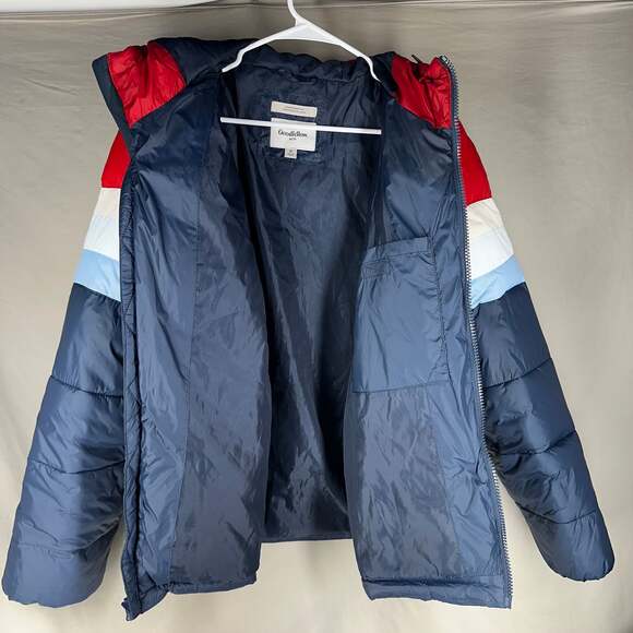 Retro Style Goodfellow & Co Men's Colorblock Striped Puffer Jacket with Hood Siz - Picture 5 of 8